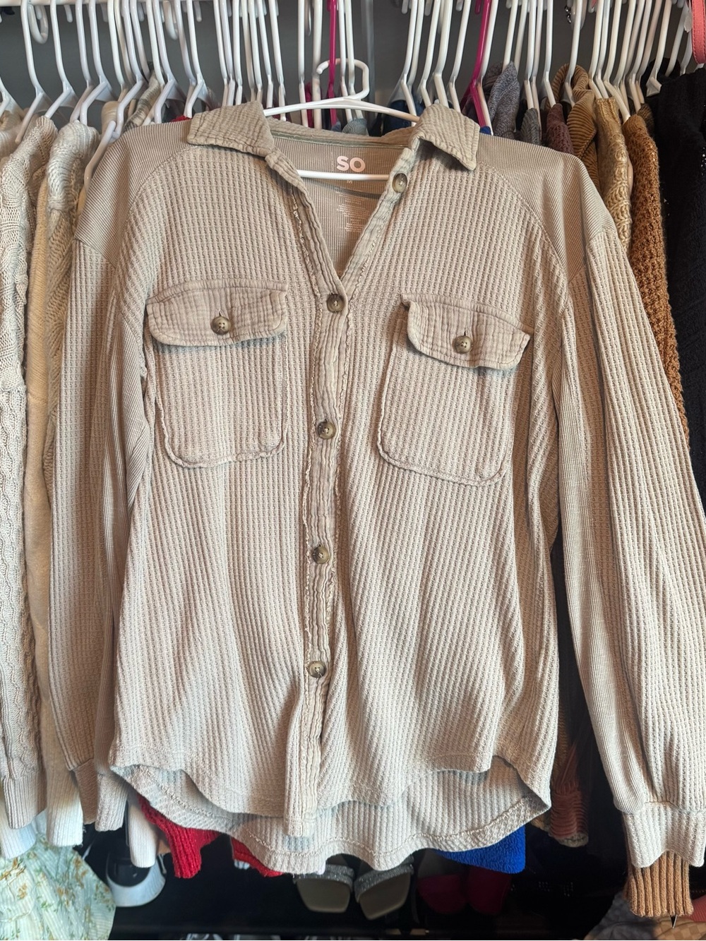 SO Beige Waffle Button down Shirt medium Tan